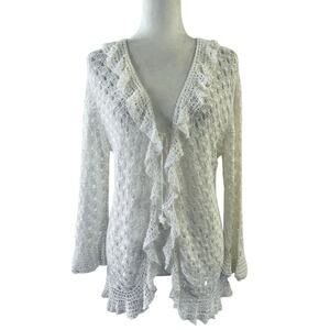Y2K Coquette Cottagecore 3 Sisters Crochet Open Knit Ruffled Cardigan White LG